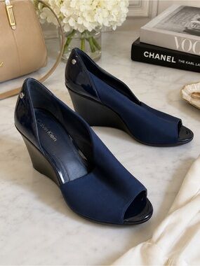Calvin Klein Navy Wedge Heels Peep Toe Satin Shoes Women’s 7.5 8